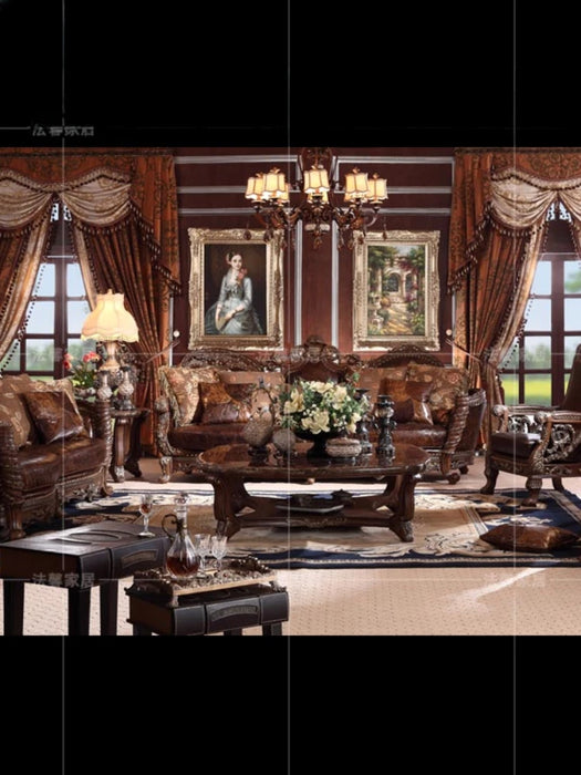 Classical Oil Wax Leather Sofa European-Style Large Apartment Living Room