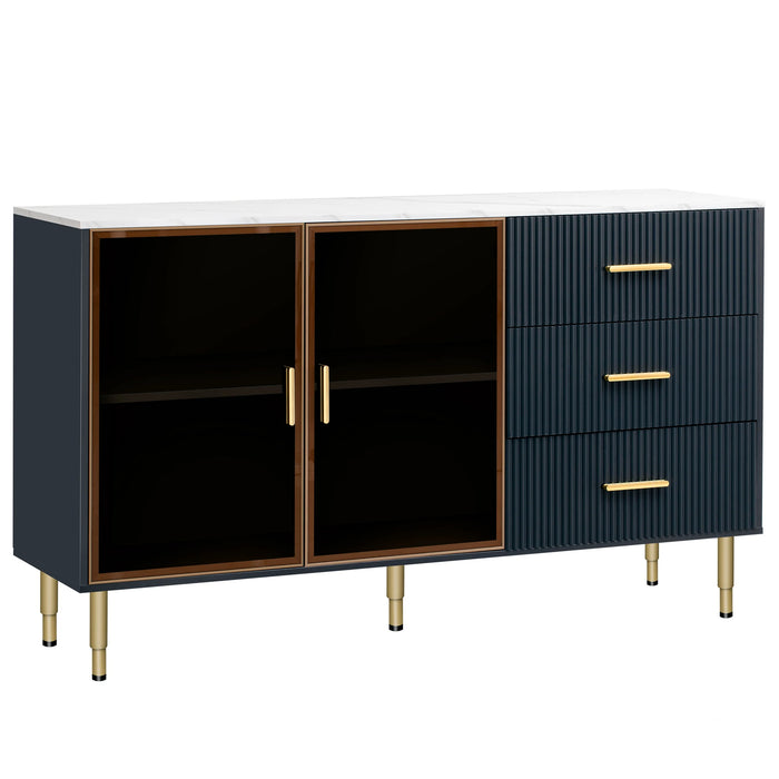 Modern Sideboard MDF Buffet Cabinet Marble Sticker Tabletop and Tempered Glass Doors with Gold Metal Legs (Navy Blue)