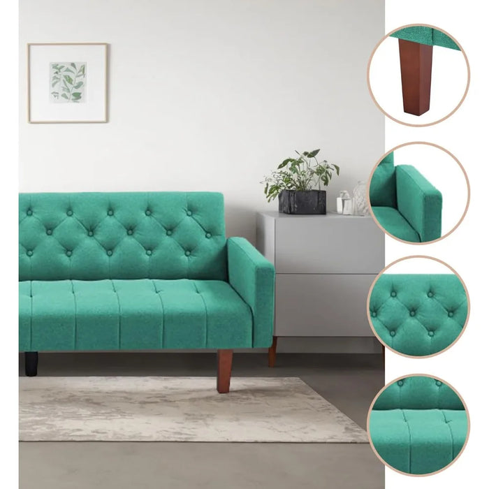 Green Tufted Back Sofa Bed Convertible Sleeper Futon With Tapered Wood Legs for Living Room Apartment Lounge Folding Lazy Double