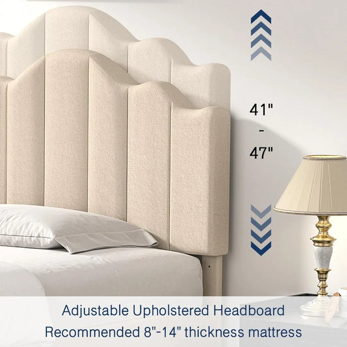Upholstered platform bed frame with adjustable headboard, plank support, noiseless, no box spring, easy assembly