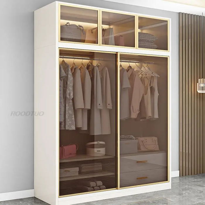 Luxury Wood Closets Italian Clothes Cabinet With LED Light And Storage Drawers Transparent Glass Sliding Door Bedroom Wardrobes