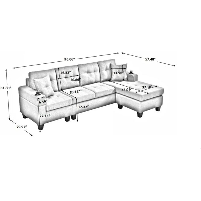 Living room sofa reversible chaise longue and cup holder, modern L-shaped sofa corner sofa set, grey