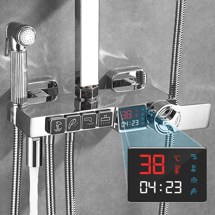 Digital Chrome Shower Set Faucet Bathroom Hot Cold Mixer Rain System Wall Mount Full Kit Bath Tap Bathtub Silver Luxury Bidet