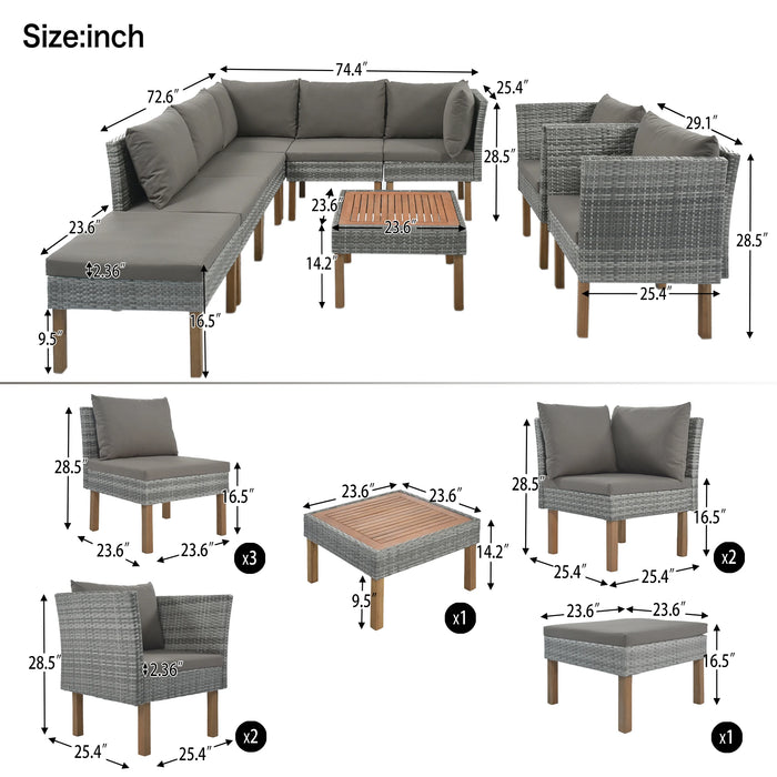 9Pcs Outdoor Patio Garden Wicker Sofa Set Gray PE Rattan Wood Legs Acacia Wood Tabletop Armrest Chairs W/Beige/Grey Cushions
