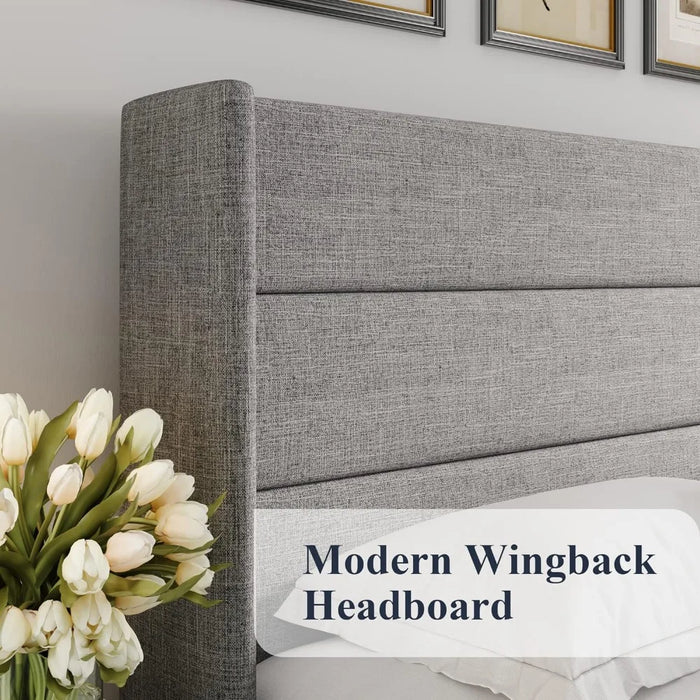Bedroom furniture large lift storage bed, modern wing-back headboard, no springs required, hydraulic storage, light beige