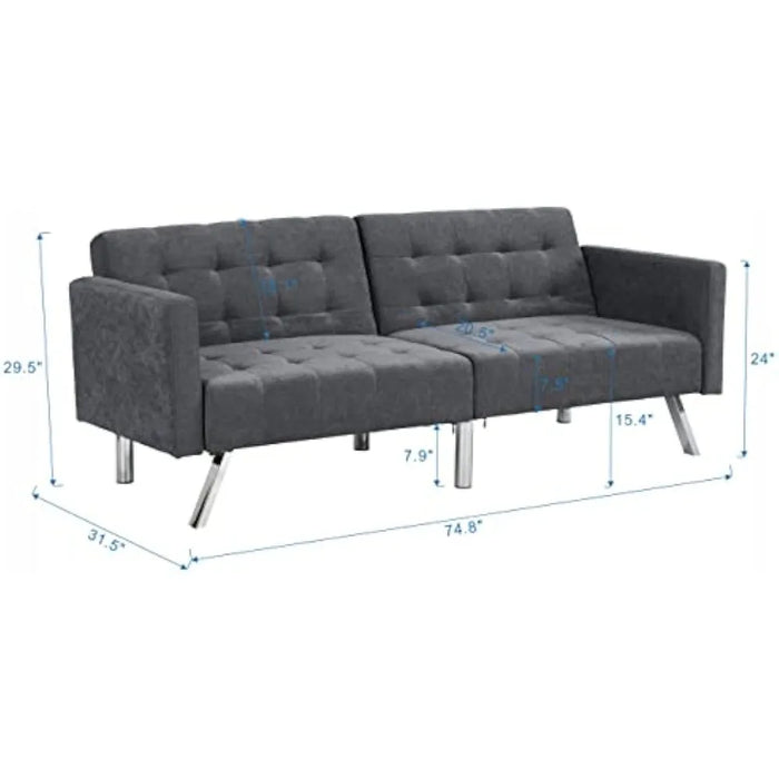 Convertible Folding Futon Sofa Bed Sleeper Lounge Couch for Living Linen Upholstered Loveseat with Armrest, Dark Gray