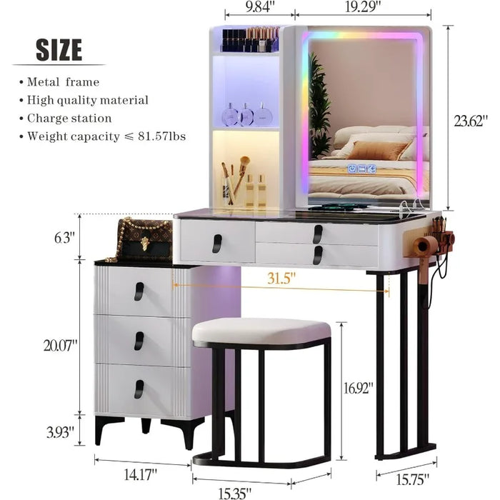 Vanity-with-Mirror-and-Lights Makeup Desk - White Dressing Table Set with Chair Glass Desktop Charging Station 6 Drawers