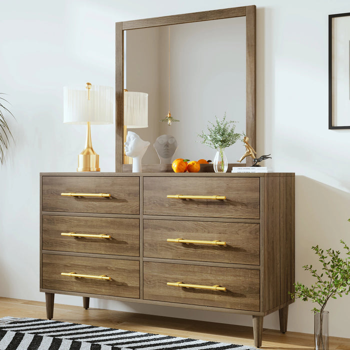 Mid-Century Modern Dresser  Side Table with Golden Handles, Six-Drawer, Natural Walnut（mirror not included）