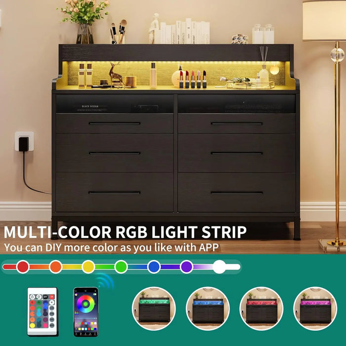 YITAHOME 6 Drawer Dressers & Chests of Drawers with LED Light, Modern Dresser with Open Shelf Storage, Black Vanity