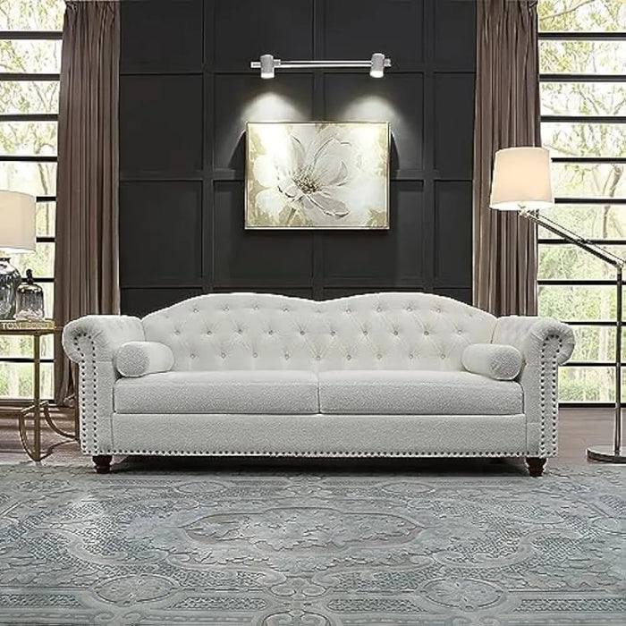 81" Modern 3-Seater Couches for Living Room, Classic Upholstered Button Tufted Deep Seat Sofas with Pillows, Teddy White