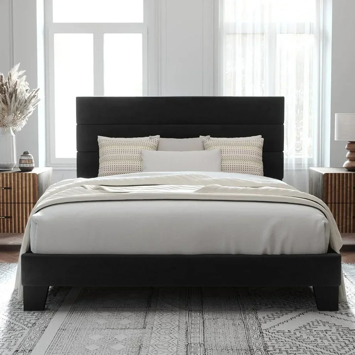 Bed FrameQueen-size Platform Bed Frame With Velvet Upholstered Headboard And Wooden Slatted Support, Fully Upholstered