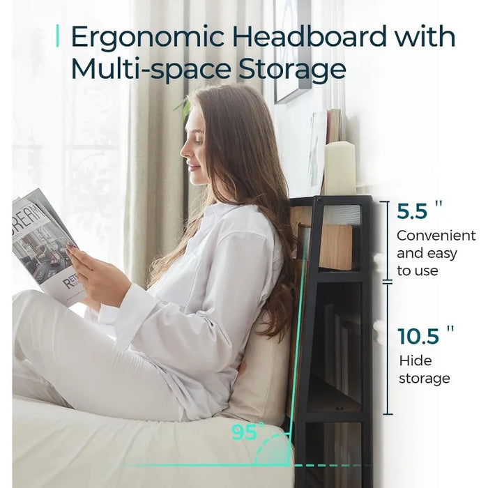 LINSY Full Bed Frame with Storage Ergonomic Headboard 14 Inch Fast Assembly Metal Bed with Lights Outlets & USB Full Size US