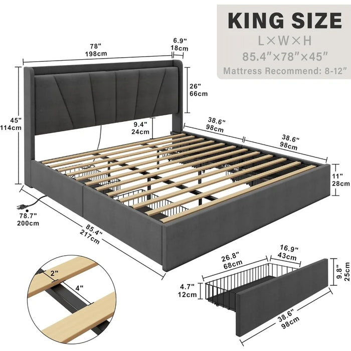 King Bed Frame and Upholstered Headboard, Platform Bed with Storage Drawers and Outlets, Sturdy, Noiseless, No Box Spring Needed