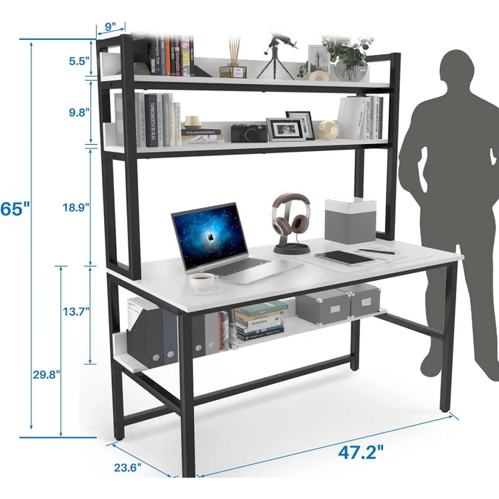 Aquzee Computer Desk with Hutch and Bookshelf, 47 inch Wide White Home Office Desk with Space Saving Design