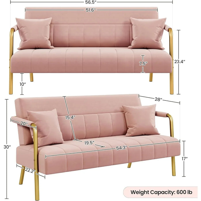 56.6″W Modern Loveseat 2 Seater Sofa Luxurious Velvet Fabric Couch Futon with Gold-Tone Metal Arms and Legs Sofa