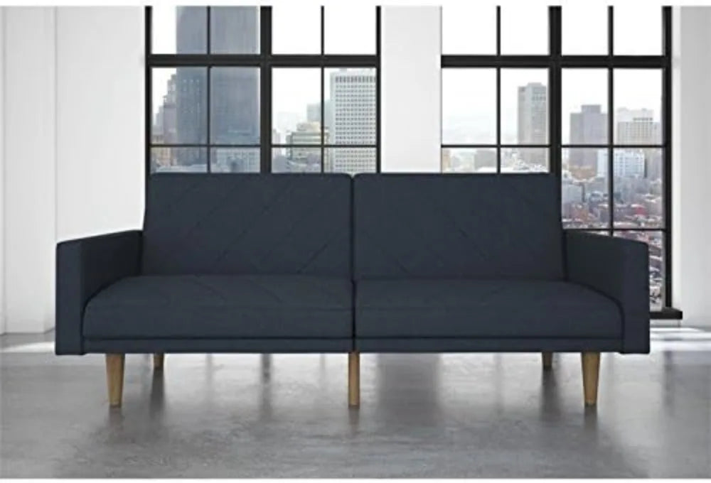 Convertible Futon Couch Bed with Linen Upholstery and Wood Legs - Navy Blue, Modern/Contemporary