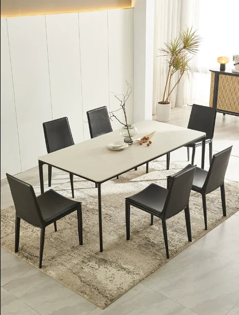 Light luxury cream dining table and chair, Italian style desk and chair, modern minimalist backrest, saddle leather stool