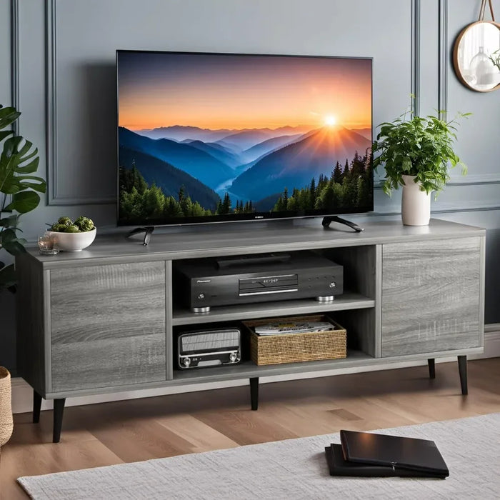 Modern TV Stand, Entertainment Center with Two Storage Cabinets, Retro Style Media Console for Living Room, 58 Inch, Light Gray