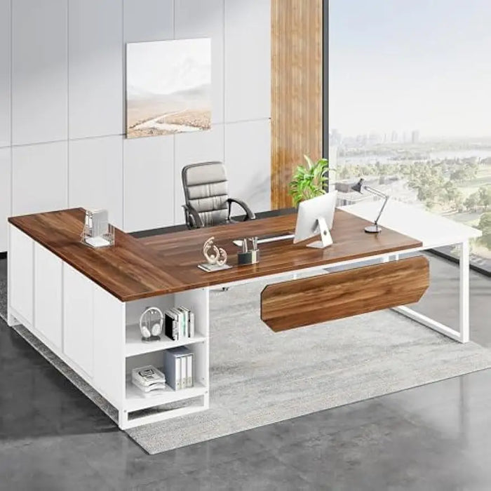 71" L Shaped Desk with 55" File Cabinet, Modern Executive Office Desk with Storage Shelves and Cabinet, Large L Shaped Executive