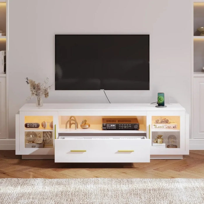 TV cabinet with LED power outlets, media console table with storage drawers and cabinets, 400-pound living room, white and gold
