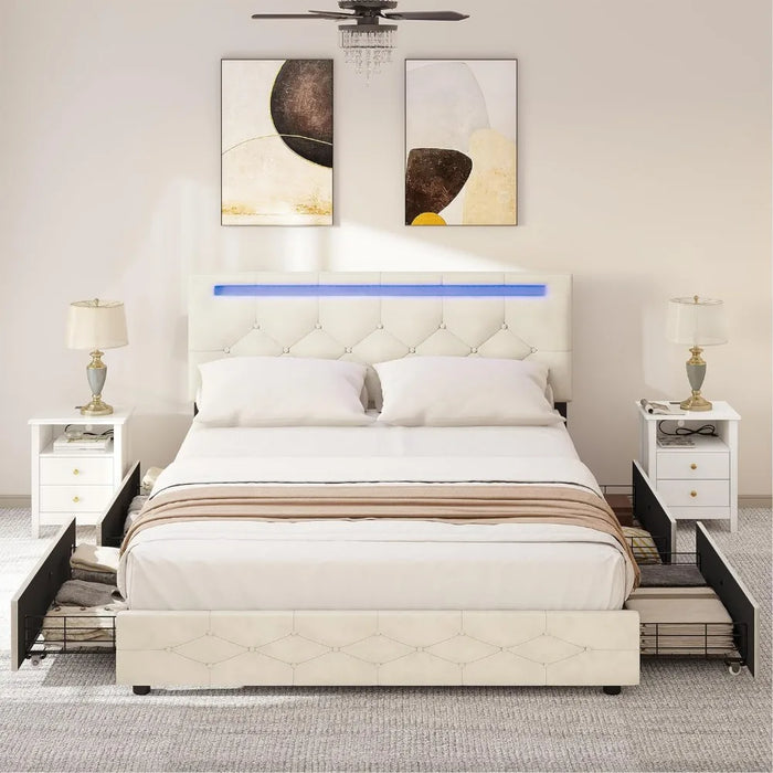 Led bed frame with 4 storage drawers, adjustable upholstered headboard platform bed with plank support, no need for a spring box