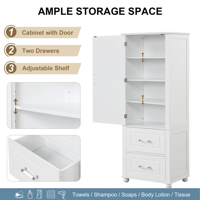 Tall Bathroom Storage Cabinet, Freestanding Storage Cabinet with Two Drawers and Adjustable Shelf, MDF Board with Painted Finish