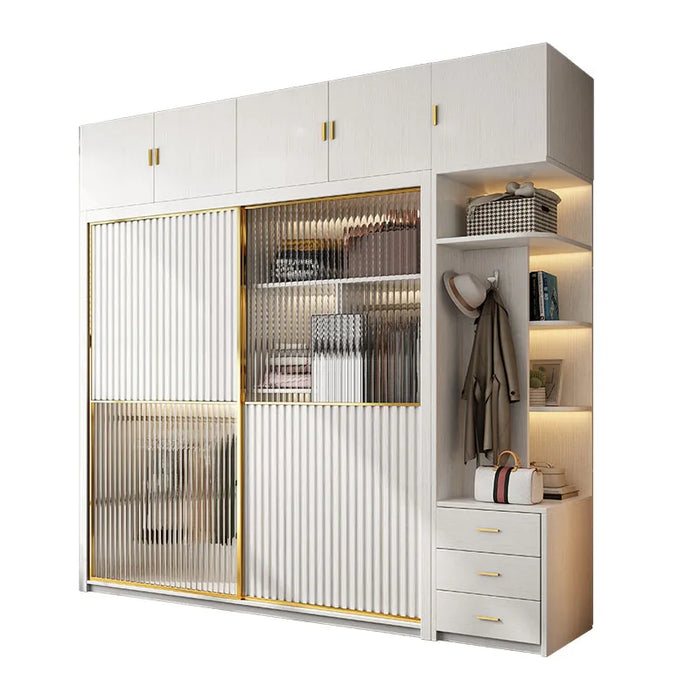 Solid wood multi-layer board, long rainbow glass sliding door, sliding wardrobe, simple modern household bedroom, large cabinet