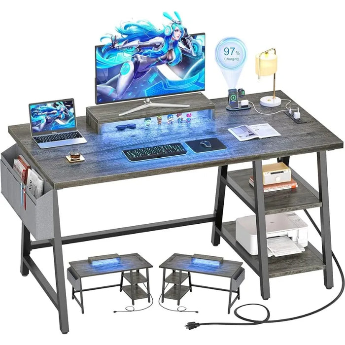 47'' Desk with Storage Shelves, Gaming Desk with Moveable Monitor Stand and Storage Bag for Home Office Workstation, Grey
