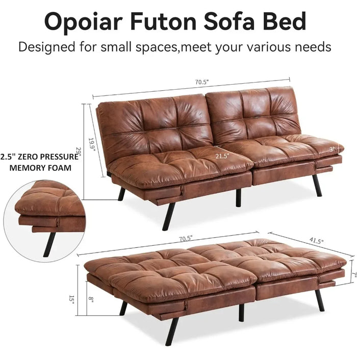Convertible Futon Sofa Bed,Memory Foam Loveseat,Small Euro Lounger Sofa For Compact Living Spaces,Living Room,Brown Leather