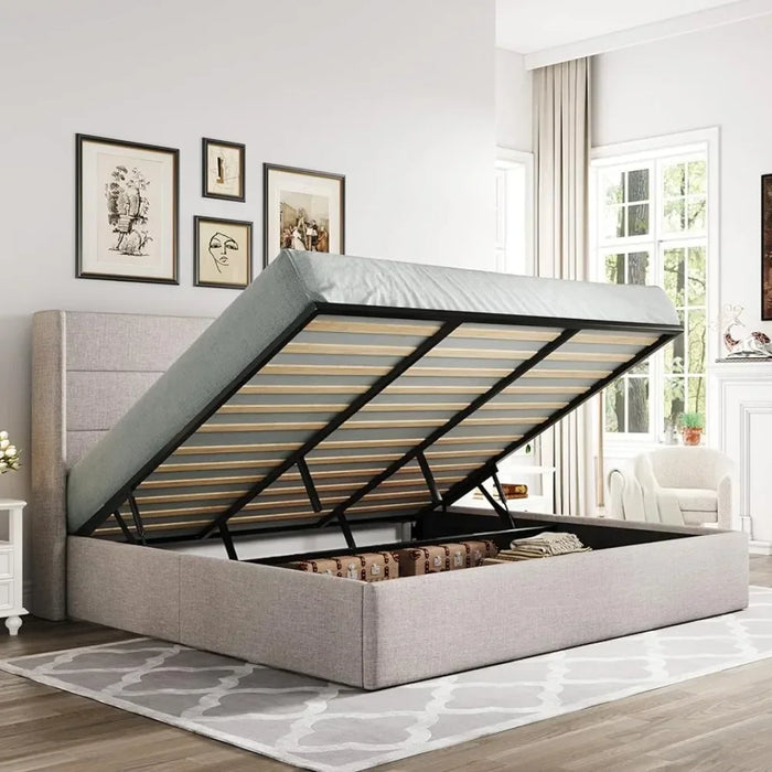 Bed frame large lift storage bed, no springs required, easy assembly, hydraulic storage, modern wing back headboard