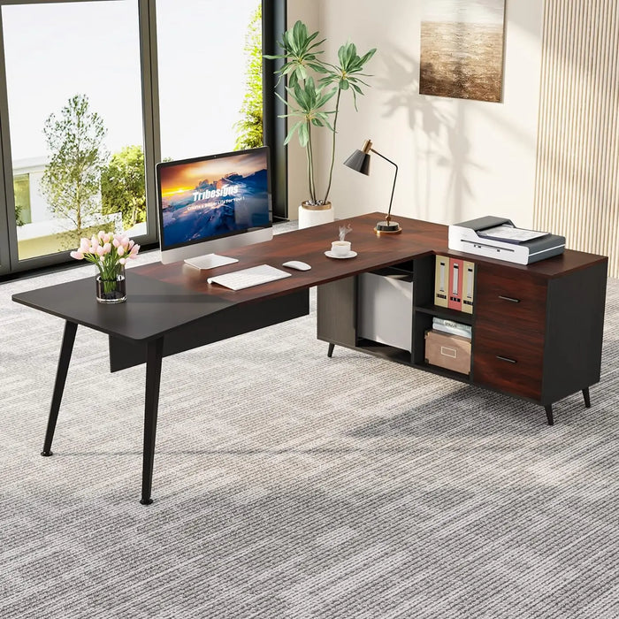87” Extra Large Executive Desk with 51” File Cabinet,L-Shaped Office Desk with Drawer and Storage Shelves,Business Furniture Set