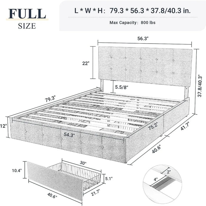 Allewie Upholstered Full Size Platform Bed Frame with 4 Storage Drawers and Headboard, Square Stitched Button Tufted