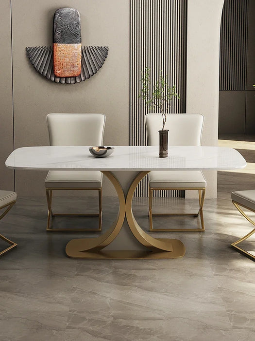 Champagne gold plating creative light luxury rock plate marble dining table and chair combination household high-grade rectangul