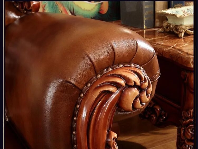 ProCARE European-style genuine leather sofa set sofa wood carving living room furniture