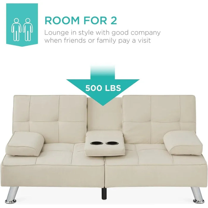 Best Choice Products Linen Modern Folding Futon, Reclining Sofa Bed for Apartment, Dorm w/Removable Armrests, 2 Cupholders