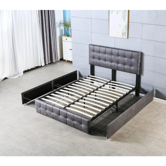 Upholstered Bed Frame Full Size with 4 Storage Drawers and Button Tufted Headboard, Comfort Adjustable Mattress Height, Grey