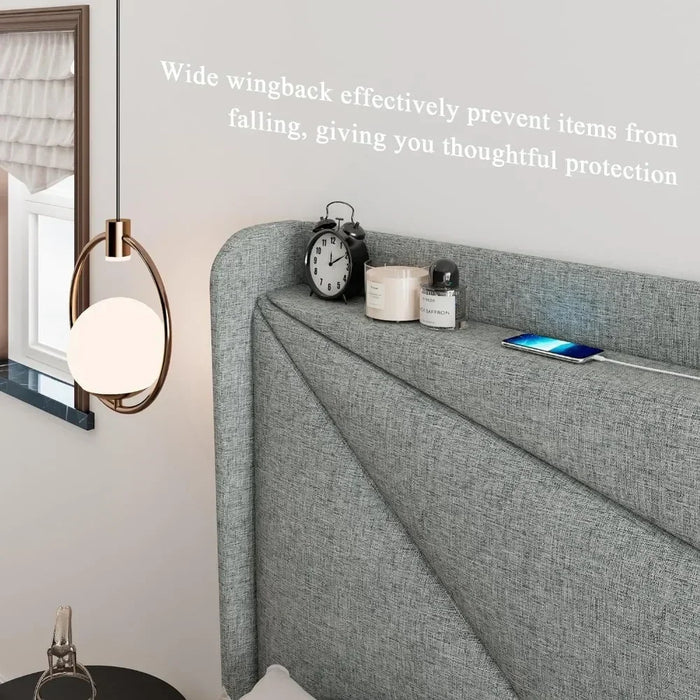 Upholstery with Type-C and USB Ports, Headboard with Wingback Storage, Noiseless, No Springs, Light Grey