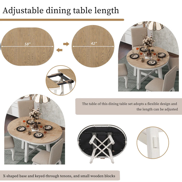 5-Piece Farmhouse Dining Table Set Wood Round Extendable Dining Table and 4 Upholstered Dining Chairs,Natural Wood/Antique White