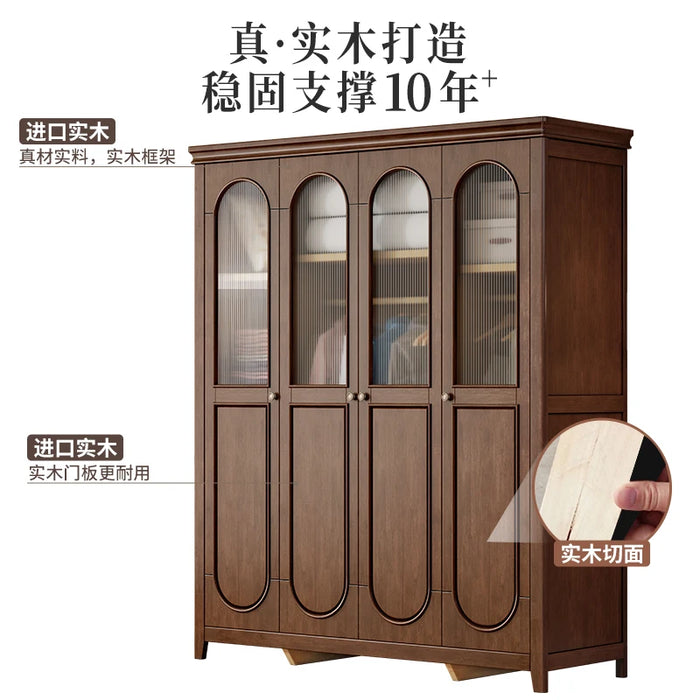 Solid wood wardrobe, household bedroom storage, four door wardrobe, French style wardrobe, glass door shoe cabinet
