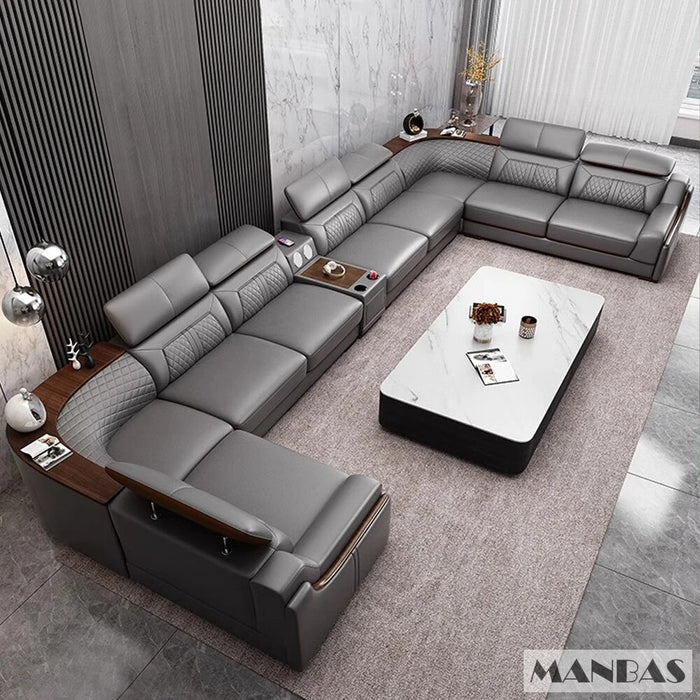 Premium Italian Leather Couch Set with Cup Holder, USB, Adjustable Headrests & Bluetooth Speaker - Linlamlim Living Room Sofas