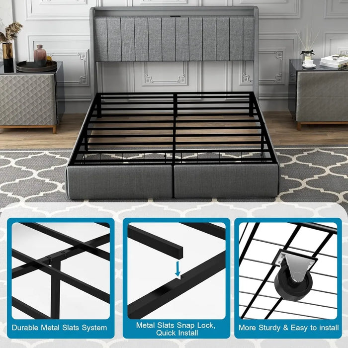 Bed Frame, LED Remote Control Grey 1-tier Storage Headboard with 2 Storage Drawers Padded Tufted Wing Back Bed Frame