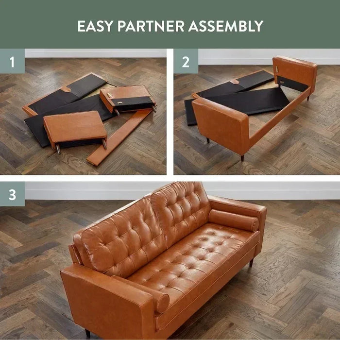 Upholstered Couches for Living Room - Camel Faux Leather Couch - Living Room Furniture