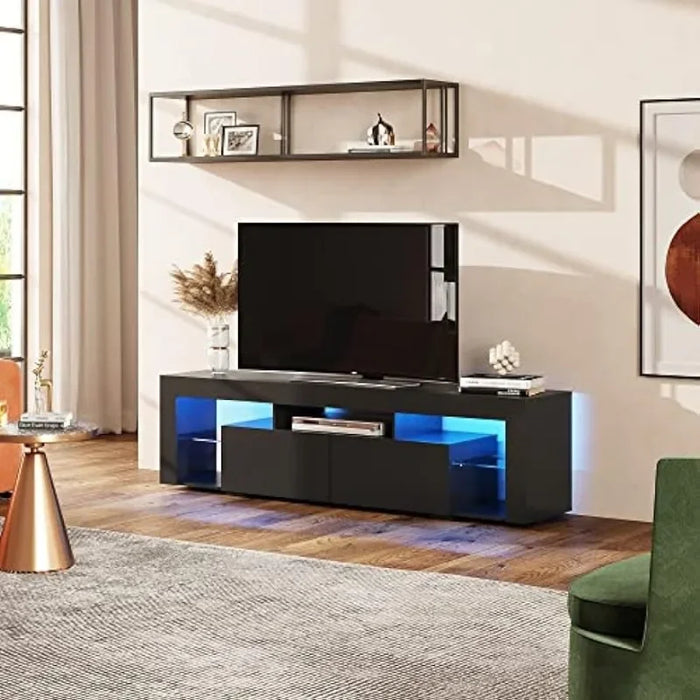 Wood TV Console with 2 Storage Drawers for Bedroom, Living Room, Gaming Media Stand with Display Glass