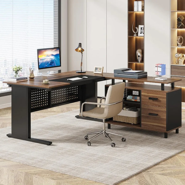 Tribesigns 63 Inch Executive Desk with File Cabinet, Large Office Desk L Shaped Computer Desk with Drawers and Storage Shelves,