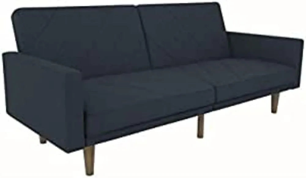 Convertible Futon Couch Bed with Linen Upholstery and Wood Legs - Navy Blue, Modern/Contemporary