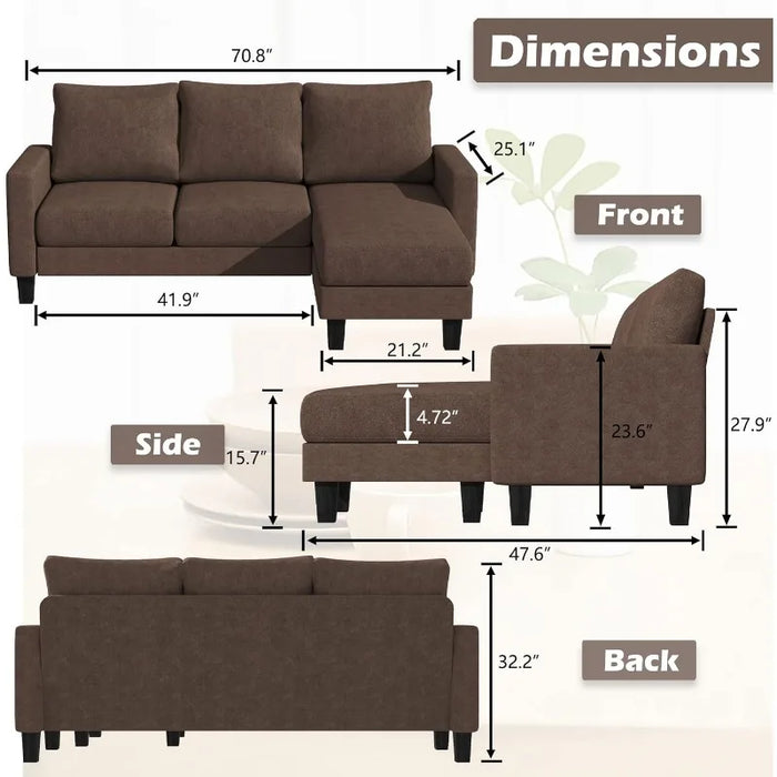 YESHOMY Convertible Sectional 3 L-Shaped Couch Soft Seat with Modern Linen Fabric, Small Space Sofas for Living Room