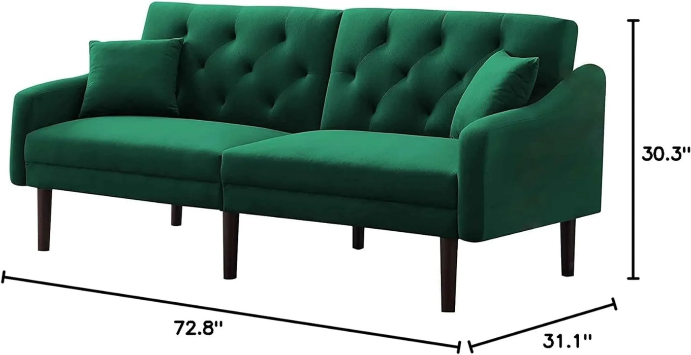 DNYN Convertible Sleeper Futon Sofa with 2 Pillows, Velvet Tufted Couch w/Metal Legs and Adjustable Backrest, Green