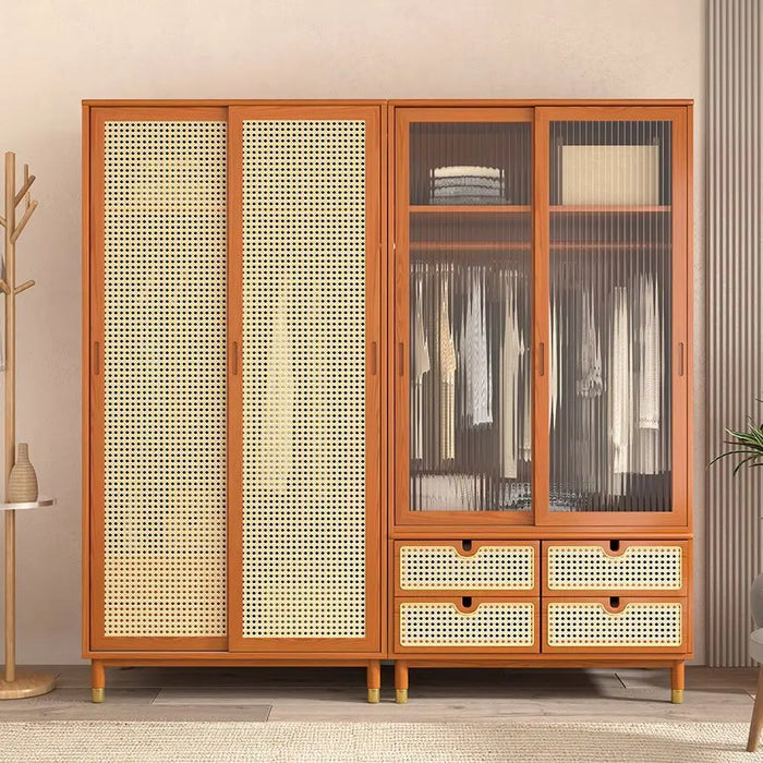 Solid wood double-door wardrobe bedroom storage lockers household sliding door rattan wardrobe simple