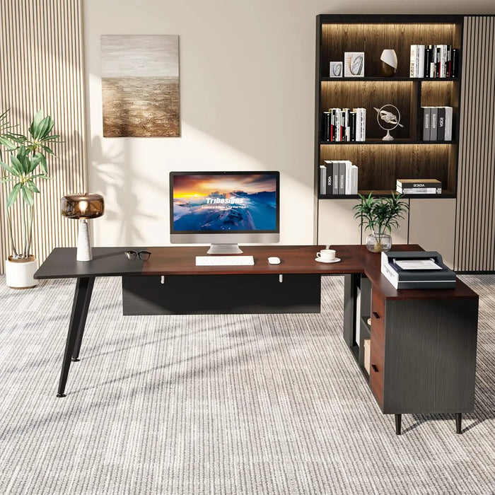 87” Extra Large Executive Desk with 51” File Cabinet,L-Shaped Office Desk with Drawer and Storage Shelves,Business Furniture Set