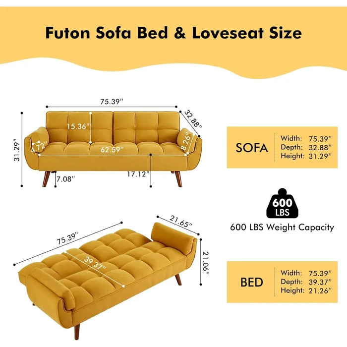 Linen Futon Sofa Bed Loveseat, Adjustable Backrest Convertible Sleeper Reclining Couch with Tapered Wood Legs, Yellow